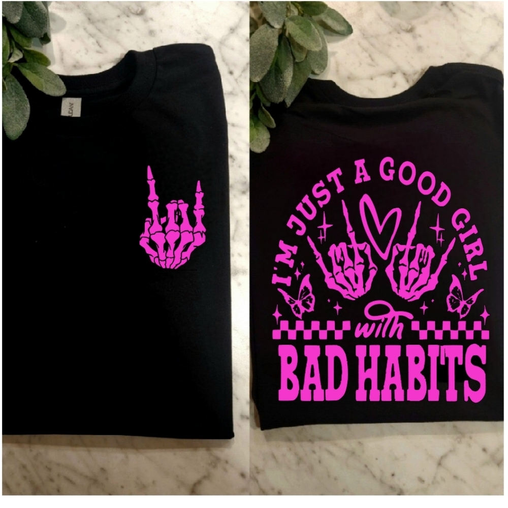 Good girl with bad habits shirt humor retro cute black and pink